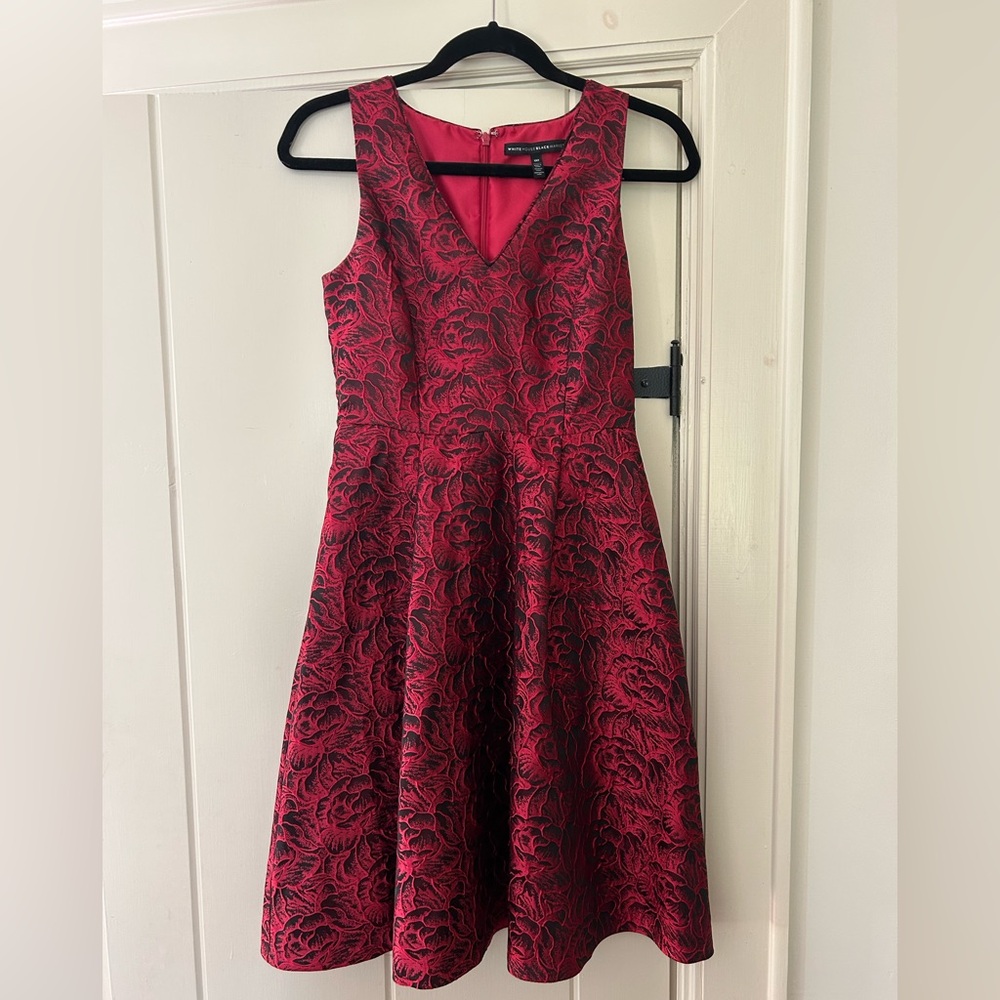 White House Black Market Red and Black V-Neck Fit & Flare Dress. Fully Lined.